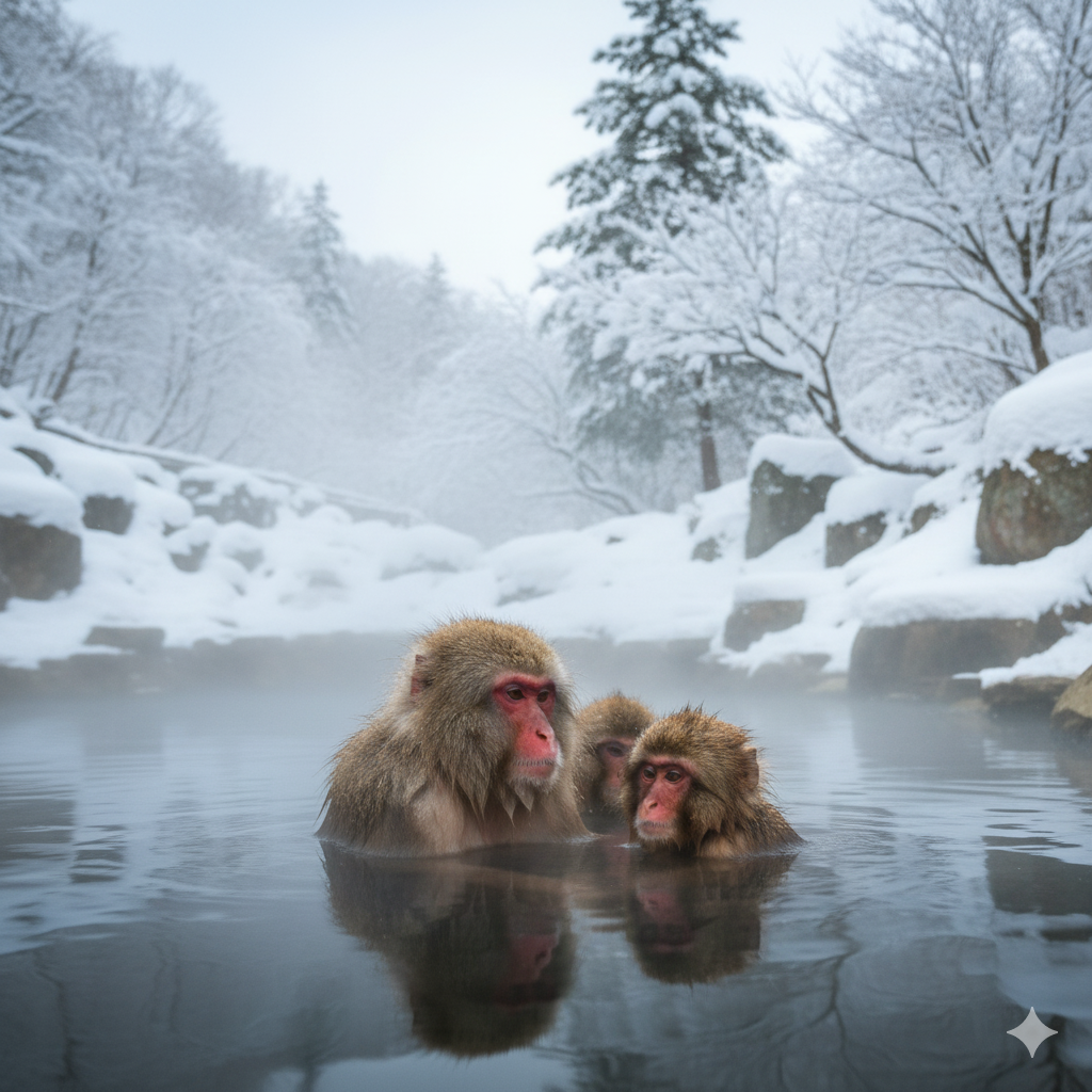 Japanese Snow Monkeys in hot spring